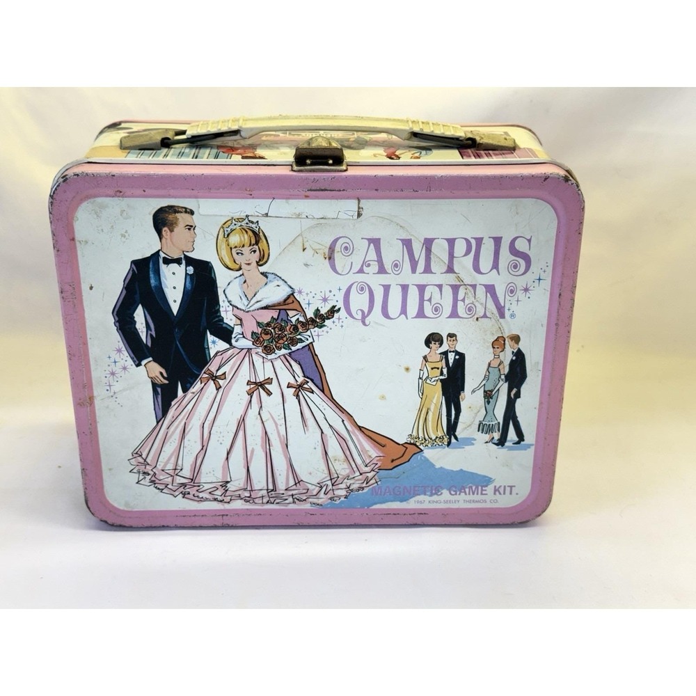 Vtg Campus Queen Metal Lunchbox King Seeley Thermos 1967 - Magnetic Game On Back